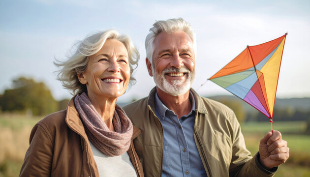Senior couple flying kite enjoying outdoor leisure time