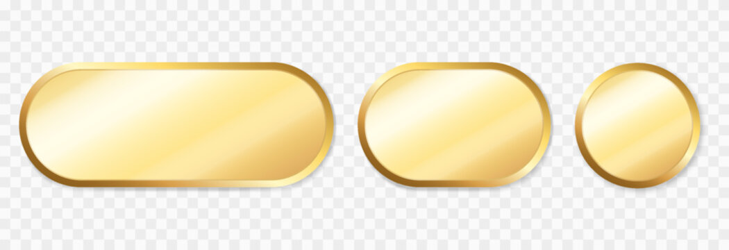 Set of luxury gold frames with glass inside. Gold frames with rounded corners in different shapes and sizes PNG. Gold frames with reflective and shiny effect.