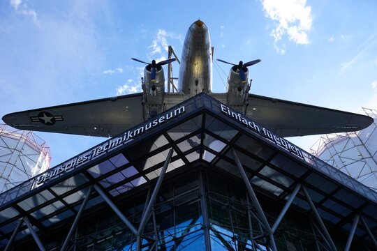 Front facade and entrance of Technikmuseum (Technology Museum Berlin) with the historic raisin bomber or candy plane