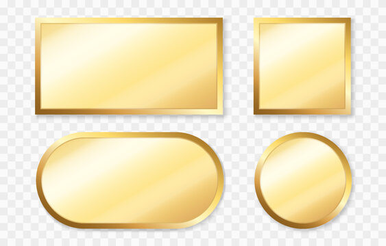 Set of luxury gold frames with glass inside. Gold frames in different shapes and sizes PNG. Gold frames with reflective and shiny effect.