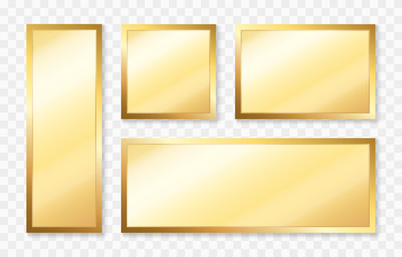 Set of luxury gold frames with glass inside. Gold frames in different shapes and sizes PNG. Gold frames with reflective and shiny effect.