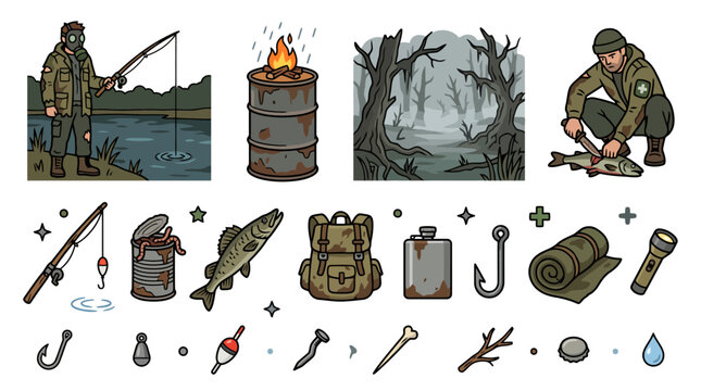 Post-apocalyptic survival elements set with a fisherman by the lake, burning barrel, grim swamp, and various outdoor gear icons