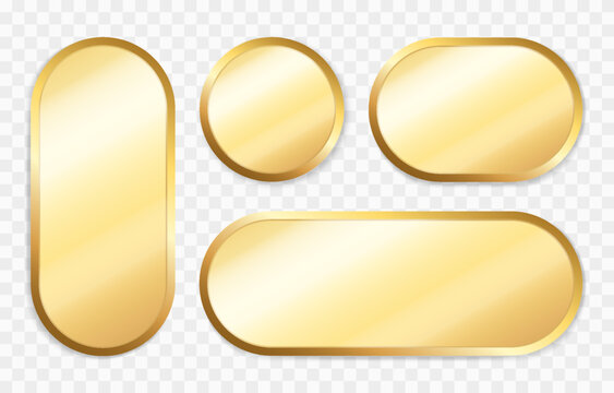 Set of luxury gold frames with glass inside. Gold frames with rounded corners in different shapes and sizes PNG. Gold frames with reflective and shiny effect.