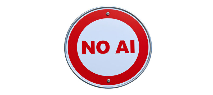 "NO AI" circular sign. Machine automation ban restriction warning. Generative AI technology.