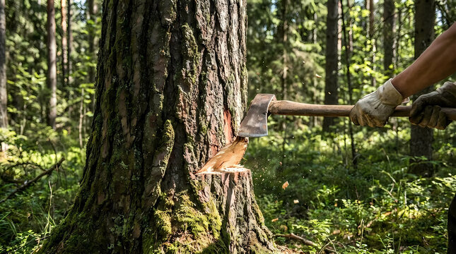 Lumberjack cutting a pine tree with an axe in a forest with wood chips flying in motion