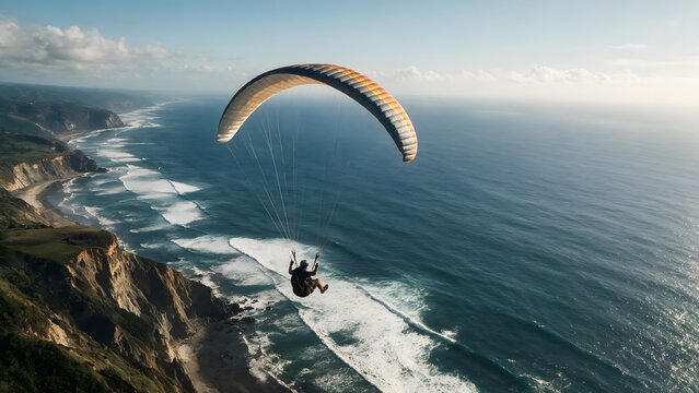 Person paragliding above ocean cliffs on a sunny day