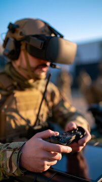 tactical operator wearing a virtual reality headset and operating remote control equipment at an outdoor training base, cropped view focusing on headset and hands with lower face