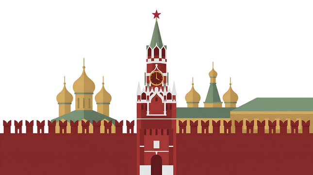  Isolated Flat Vector Illustration of Moscow Kremlin Spasskaya Tower with Onion Domes on Transparent