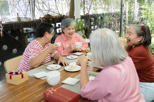 Longtime friends relax with teacups and dessert at a garden cafe, smiling across the table during an easygoing reunion shaped by laughter, conversation and warm companionship all day, aging society.