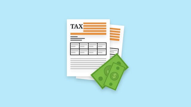 tax return form and falling green dollar bills