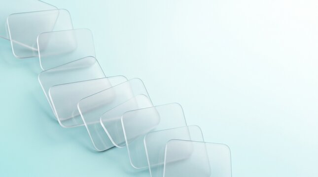 Abstract composition of translucent frosted glass rectangles arranged in a diagonal pattern on a soft aqua blue background