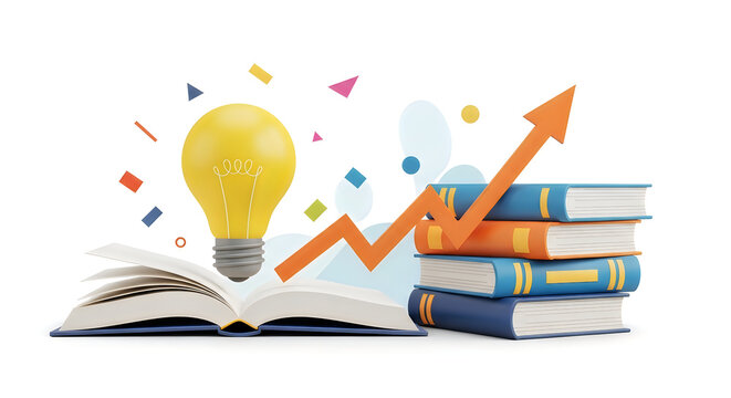 Light bulb with growing arrow graph and stack of books for education