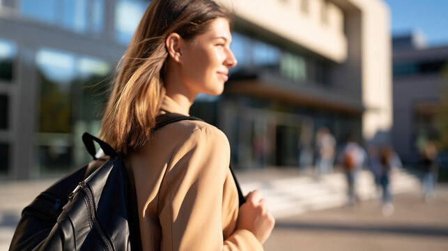 student walking confidently into a bright new school building carrying a backpack, rear view with face out of frame, clean daylight exterior and welcoming entrance, adapting to a