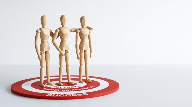 Three wooden mannequin figures standing together on red bullseye target labeled success and target achievement, representing teamwork, goal setting, business victory