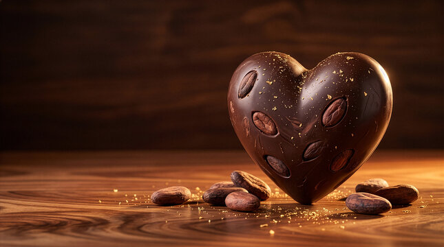 Valentine 284 Heart Shaped Dark Chocolate Embedded with Cocoa Beans and Gold Dust on Wooden Table（木目テーブルの上に置かれたカカオ豆が埋め込まれた金箔付きハート型ダークチョコレート）