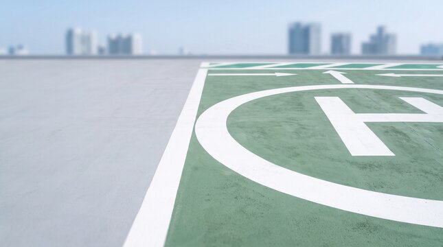 Hospital rooftop helipad with white H symbol and safety markings in clean close-up, realistic emergency aviation infrastructure with urban skyline and broad copy space