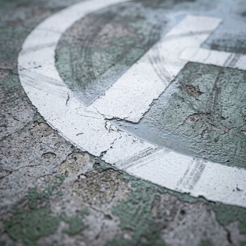 Weathered helicopter landing pad marking with cracked white circle and H symbol in macro close up, realistic wet helipad surface with post-rain reflections and industrial texture