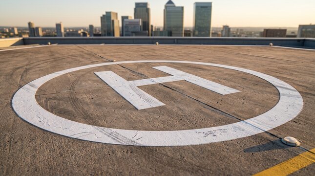 Rooftop helipad with large white H and circular landing marking at sunrise, realistic urban aviation infrastructure with textured concrete and softly blurred skyline