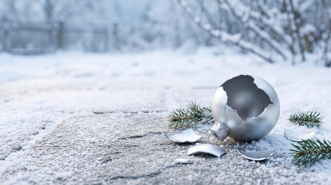Broken silver Christmas ornament resting on snowy stone walkway outdoors, elegant winter holiday accident scene with reflective shards, evergreen sprigs and copy space