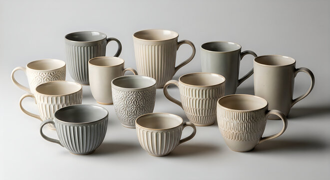 Collection of various ceramic mugs with textured patterns on a surface