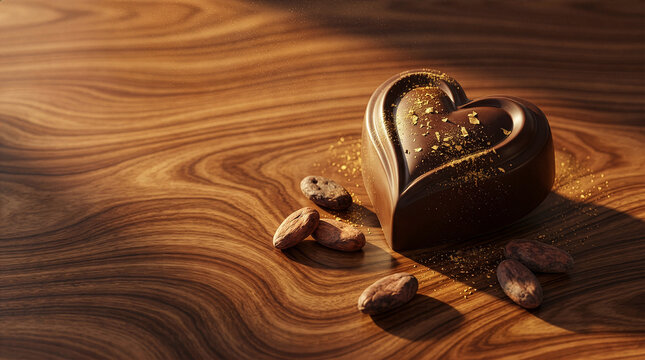 Valentine 285 Heart Shaped Dark Chocolate with Swirl Pattern Gold Dust and Cocoa Beans on Wooden Background（流線型の模様と金箔がついたハート型ダークチョコレートとカカオ豆）