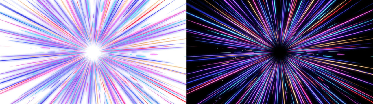 Colorful light speed warp burst with radiating neon streaks exploding from center representing hyperspace motion ideal for design available in PNG, Transparent and Black Background