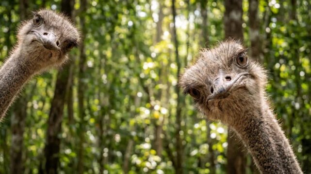 Two curious ostriches peer into the frame against the backdrop of a lush, sun-drenched forest. Ai generated
