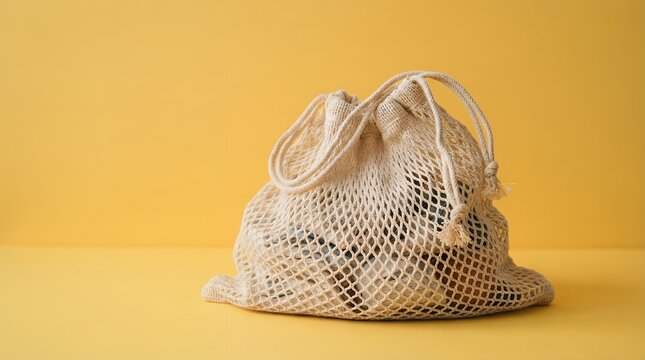 Reusable mesh produce bag, eco-friendly zero waste shopping essential. Sustainable natural cotton drawstring pouch for groceries, a conscious consumer choice.