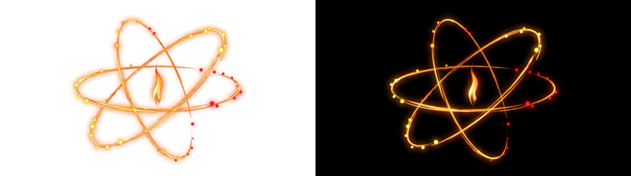 Glowing atom energy symbol with orbiting rings and flame core representing science and technology ideal for design available in PNG, Transparent and Black Background Versions
