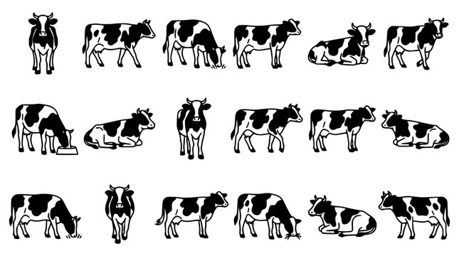 Spotted Holstein Cow Black Silhouette Vector Icon Set Featuring Cattle Herd Grazing Standing Lying Down and Organic Dairy Farm Animals Agriculture Symbols
