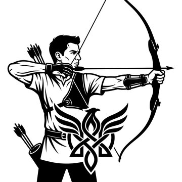 Archer Aiming Recurve Bow and Arrow with Eagle Emblem Vintage Linocut Vector Illustration