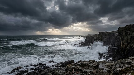 Fototapeta premium Clean Stormy Coastal Waves Crashing Against Rugged Dark Rocks Under Dramatic Cloudy Sky with high quality professional line art symbols for modern creative design and digital branding projects