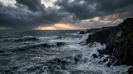 Fototapeta premium Minimalist Stormy Coastal Waves Crashing Against Dark Rocky Cliffs at Dramatic Sunset with Moody Clouds