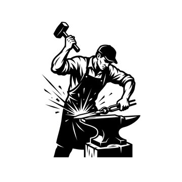 Blacksmith Forging Hot Metal on Anvil with Hammer and Tongs Vintage Linocut Illustration