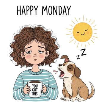 Tired person holding coffee mug next to yawning dog with happy monday text and sunny day icon