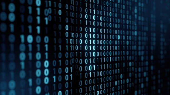 Cool ambient glow and binary code cascading on a dark background with varying opacity digits, ideal for cybersecurity awareness campaigns.