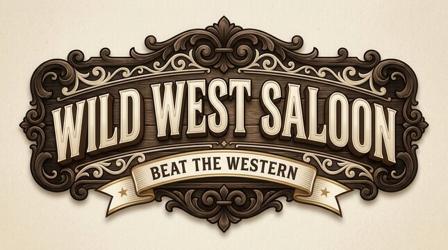 Bold typography and decorative elements on a vintage Wild West saloon sign
