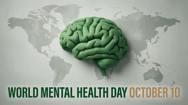 World mental health day concept animation with green brain and world map background