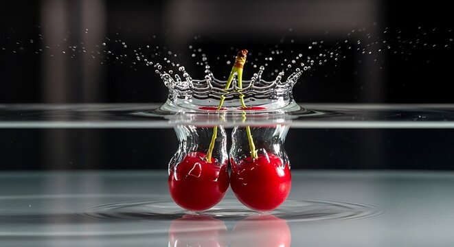 Two fresh red cherries splashing into water with high speed motion capture and water crown