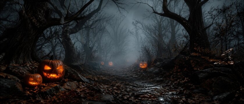 Spooky Halloween landscape of a dark foggy forest path with glowing Jack O Lantern pumpkins along the trail, bare eerie trees, and fallen leaves at night.