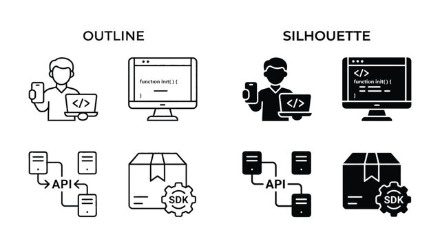 Software Development Icons: A set of graphic icons depicting software development concepts in both outline and silhouette styles, illustrating coding, API, SDK, and data flow.