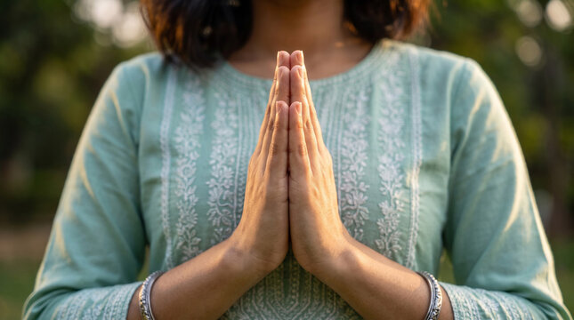 Indian woman hands in namaste gesture greeting outdoors