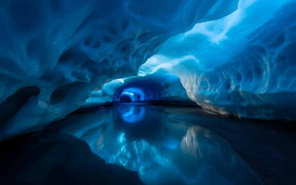 Majestic glacial cave interior featuring deep blue ice walls with intricate textures and a mirror like pool of water reflecting the brilliant natural light illuminating the dark icy cavern tunnel