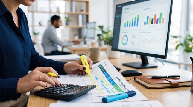 Professional business woman analyzing financial data reports on desk, using calculator and highlighter, computer screen showing graphs and charts in, corporate office environment
