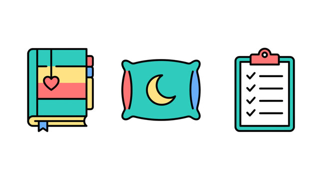 Vector icon set of diary notebook sleep pillow with moon and checklist clipboard for daily bedtime routine
