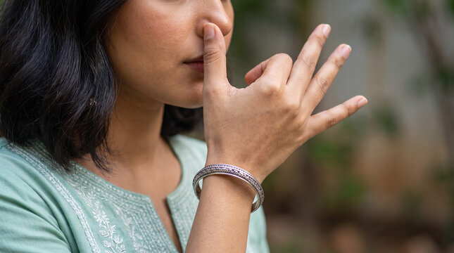 Indian woman practicing Pranayama breathing yoga exercise outdoors