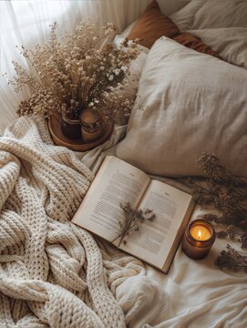 Cozy autumn home interior with open book, burning candle, and knitted blanket on bed