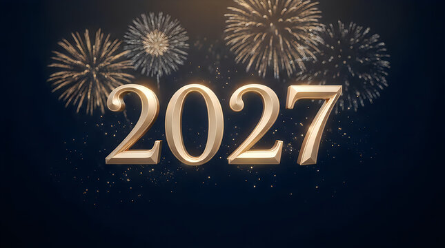 Celebration fireworks display with golden year two thousand twenty seven text