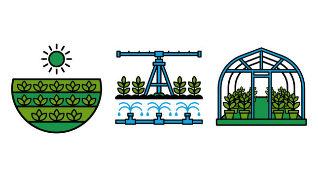 Agricultural vector icons featuring field crops under sun irrigation sprinkler system and modern greenhouse illustration