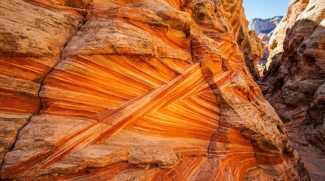 Layered sandstone canyon walls with vibrant orange and cream colors and unique patterns for geology and nature backgrounds.